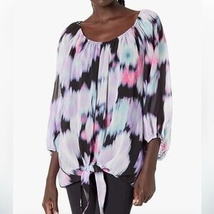 Calvin Klein Puff Sleeve Pastel with Black Blouse Peasant Style with Tie Size 1X